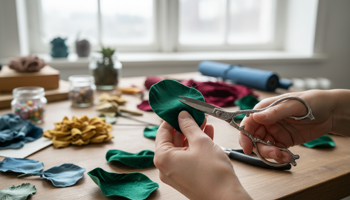 An artisan's hands meticulously trimming a silk velvet petal with traditional metal shears in a well-lit workshop