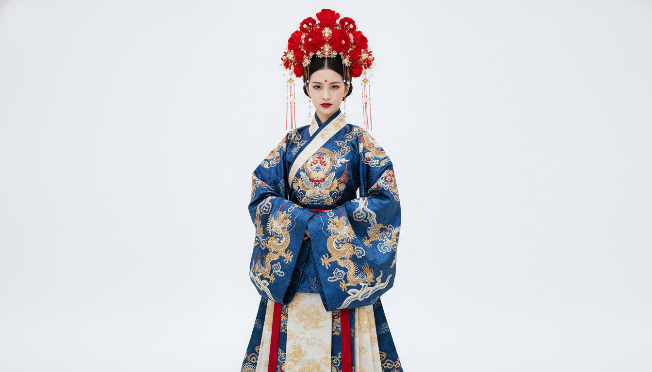 A modern fashion model wearing a traditional Hanfu outfit paired with a large vibrant red Ronghua headpiece