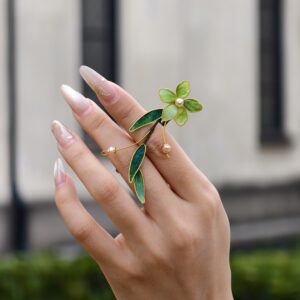 Handcrafted Enamel Floral Branch Wrap Ring with Natural Pearls